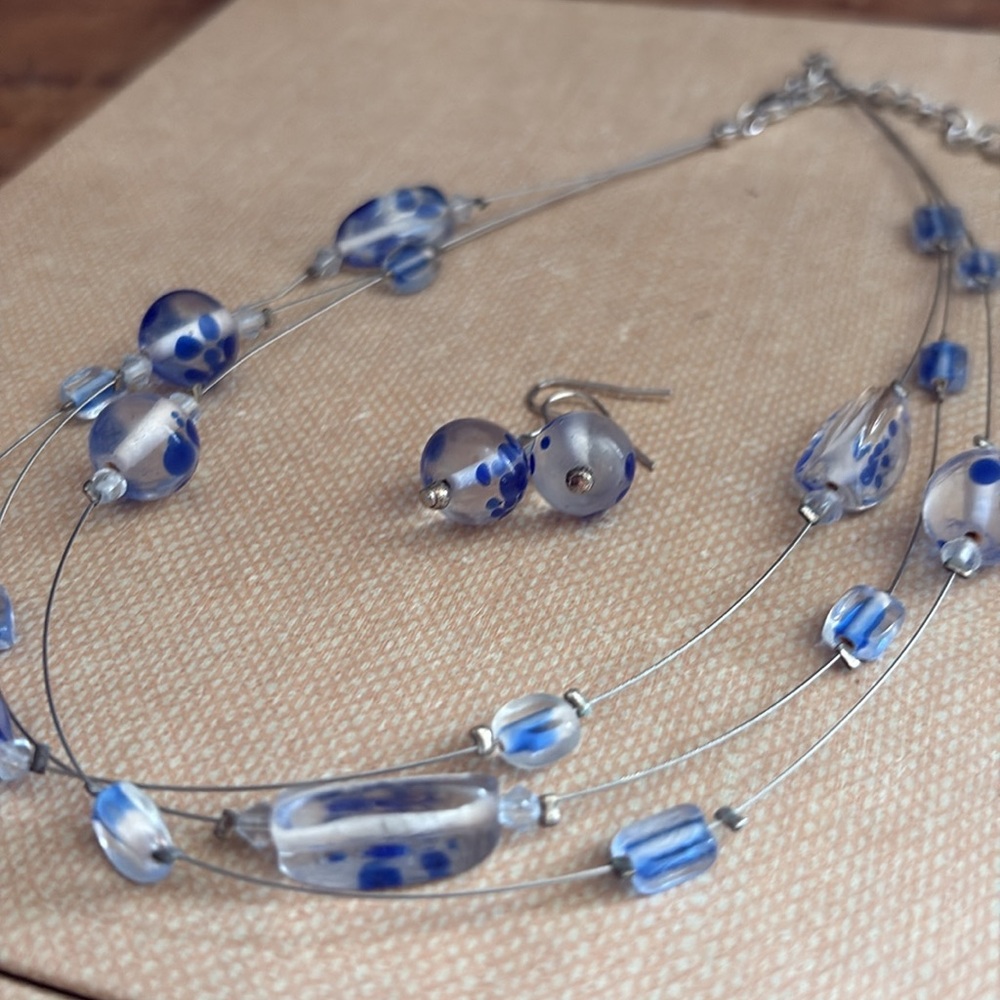 Avon Y2K Blue Art Glass Multi-Wire Necklace & Dangle Earrings Set NIB